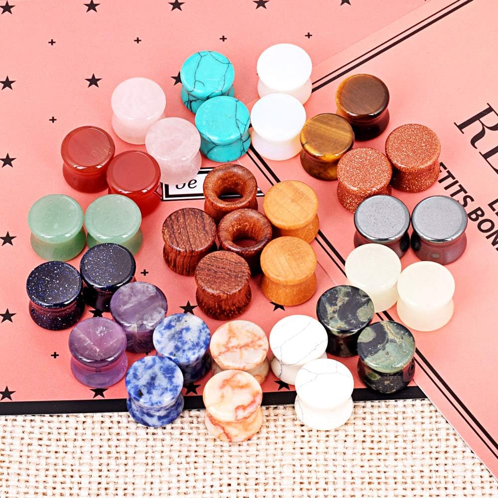 Longbeauty Wood Mixed Stone Plugs 18 Pairs/36 Pcs Double Flared Saddle Gauges Tunnels Expander Piercing Set