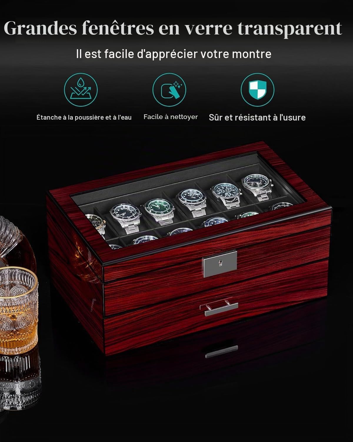 ANWBROAD Boîte à montres à 12 emplacements pour homme avec grand couvercle en verre à 2 niveaux - Organiseur de montre verrouillable - Support de montre luxueux JWB003Y