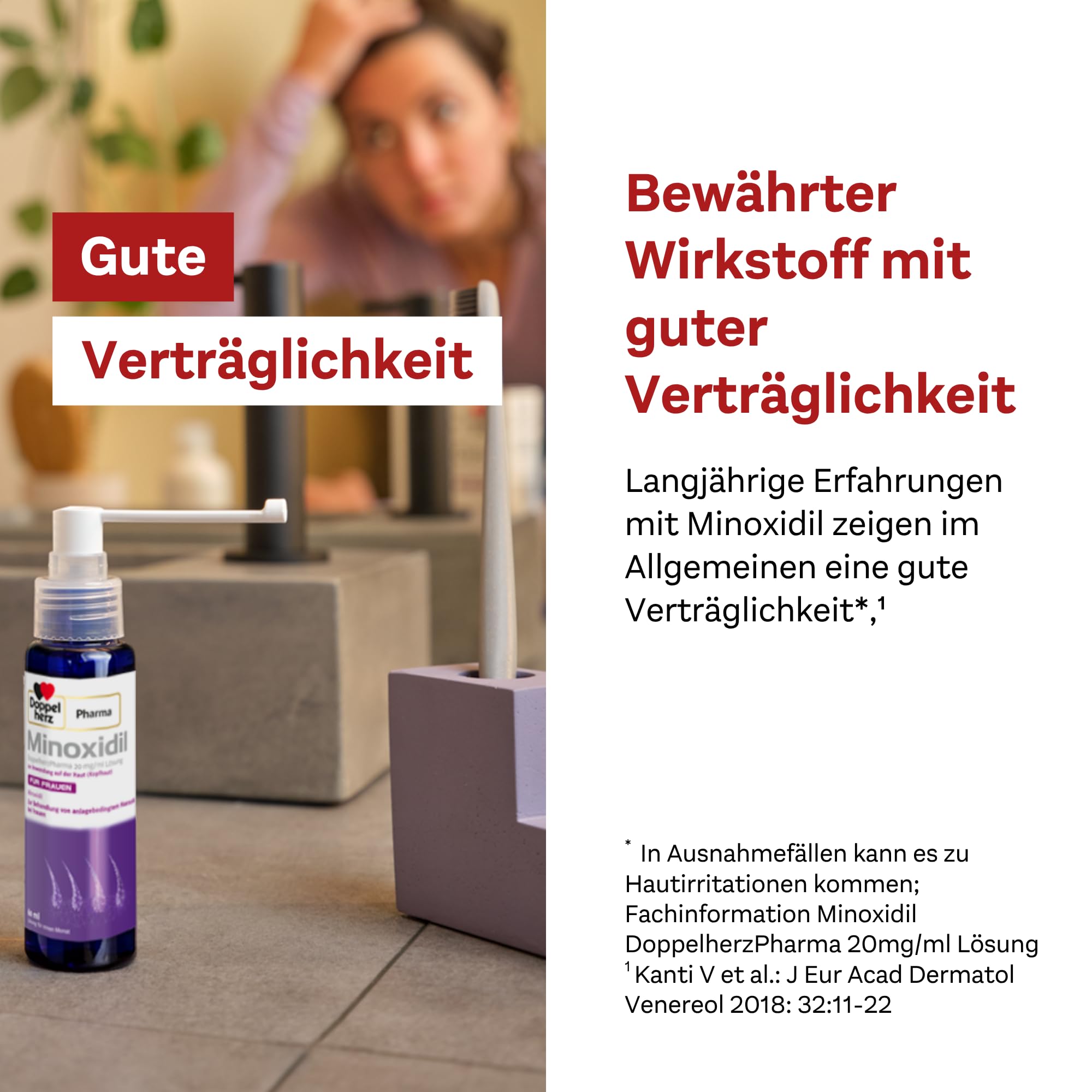 Minoxidil DoppelherzPharma 20mg/ml (2%) Lösung zur Anwendung auf der Haut (Kopfhaut) – Arzneimittel zur Behandlung von anlagebedingtem Haarausfall bei Frauen (2x3x 60ml)