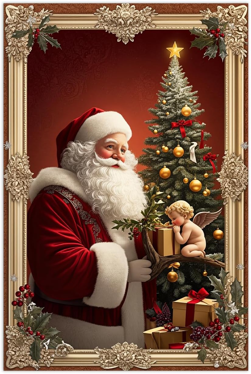 Christmas Village Snowy Night Scene Church Clock Tower Horse Carriage Winter Landscape Art Print - Canvas Poster (B-2,24.00" x 36.00", Unframed)