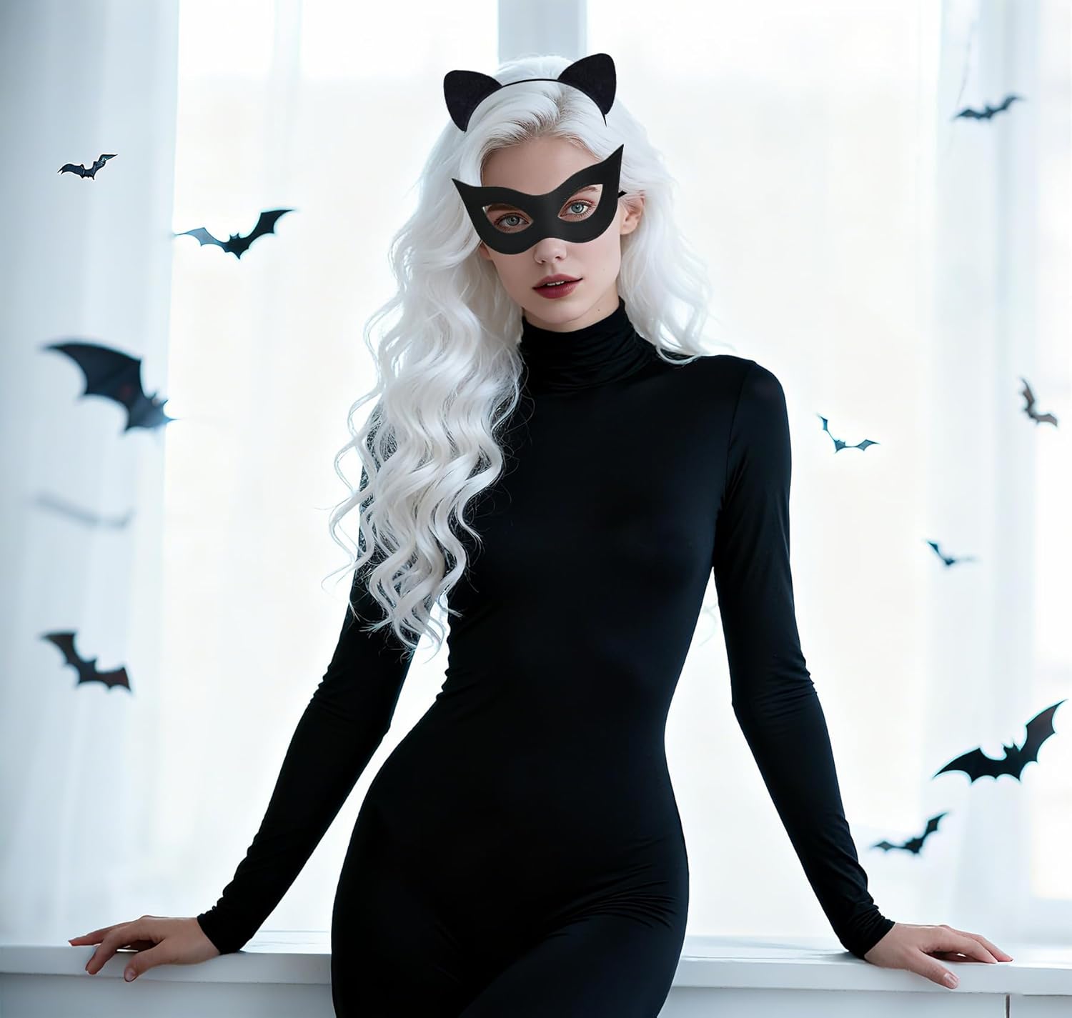 Cat Woman Mask and Cat Ears Headband for Women, Cat Women Costume Accessories Black Cat Eye Superhero Mask for Halloween Masquerade PU Leather - Image 4