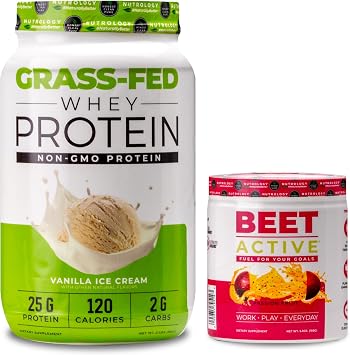 Nutrology Grass Fed Whey Protein Powder, Supports Lean Muscle Recovery & Performance, Vanilla Ice Cream Flavor 28 Servings Beet Active, Natural Pre-Workout Powder, Passion Fruit Flavor