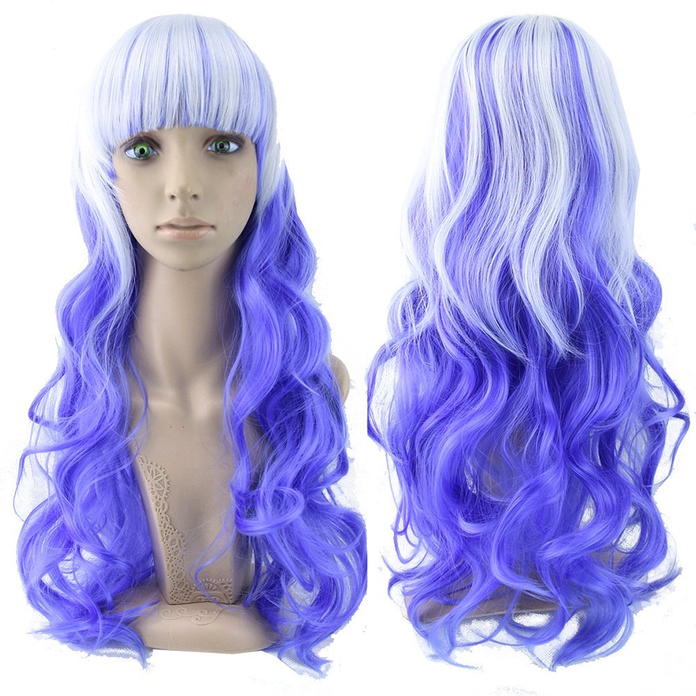 Crazy Cart 27.6" Upgrade Version Wig Gradient color Long Hair Women and Girl Cosplay Party Costume Wig (White, Blue)