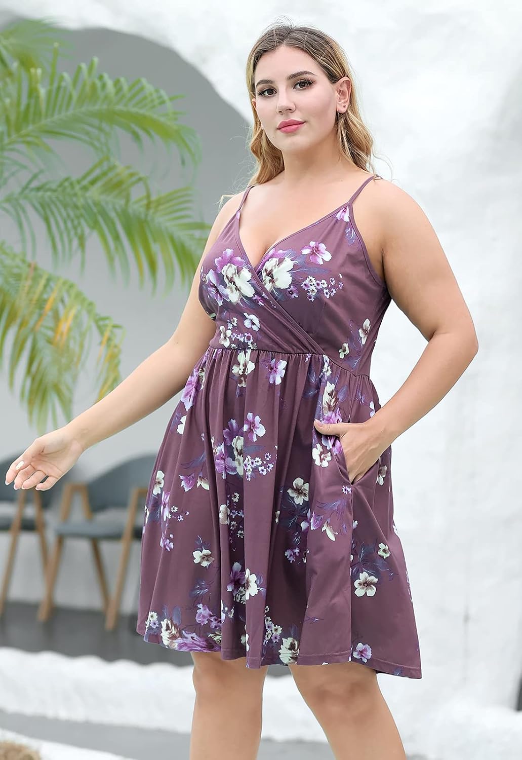 Nemidor Womens Plus Size Floral Print Spaghetti Strap Swing Wrap Dress with Pockets NEM278