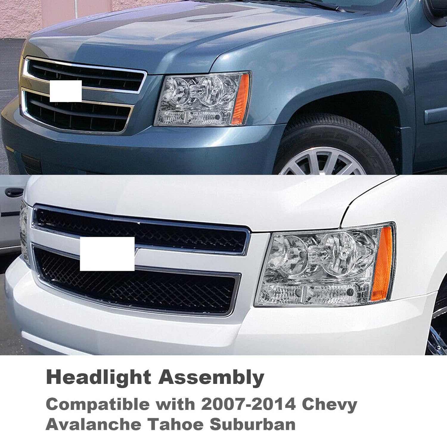 07-14 Tahoe Suburban Avalanche Headlights,Compatible with 2007-2014 Chevy Suburban Tahoe Avalanche Headlight Assembly Replacement Driver Passenger Side Chrome Housing Amber Reflector Clear Lens