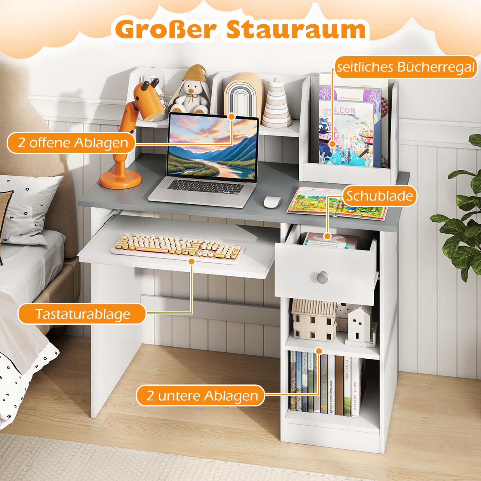 GOPLUS Kinderschreibtisch, Kinder Schreibtisch mit Bücherregal, Schublade & 4 offenen Ablagen, Kindertisch mit Tastaturablage, Jugendschreibtisch mit Kippschutz, Schreibtisch für ab 3 Jahren (Grau)