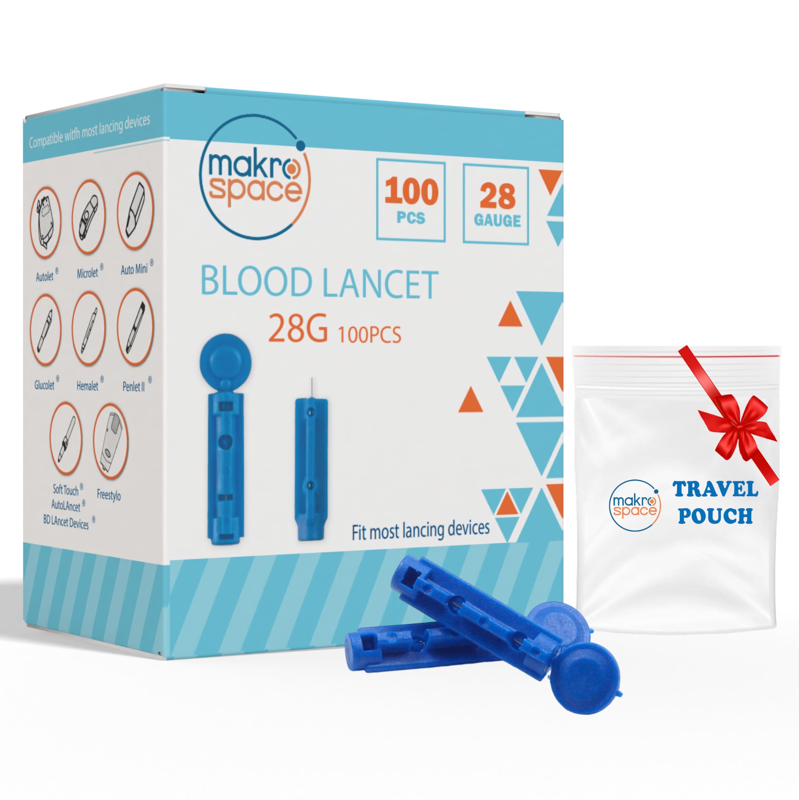 Makro Space Blood Lancets (28 G, 100 pcs) +Makro Space Travel Pouch/Universal Fit for Most Lancing Devices, Easy to Use, Steriled, Single Use 3mm Gentle