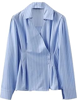 Women's Irregular Button Down Striped Shirt Slim-Fit Waist-Cinching Work Blouse Long Sleeve Casual Asymmetric Tunic Tops - Buy now
