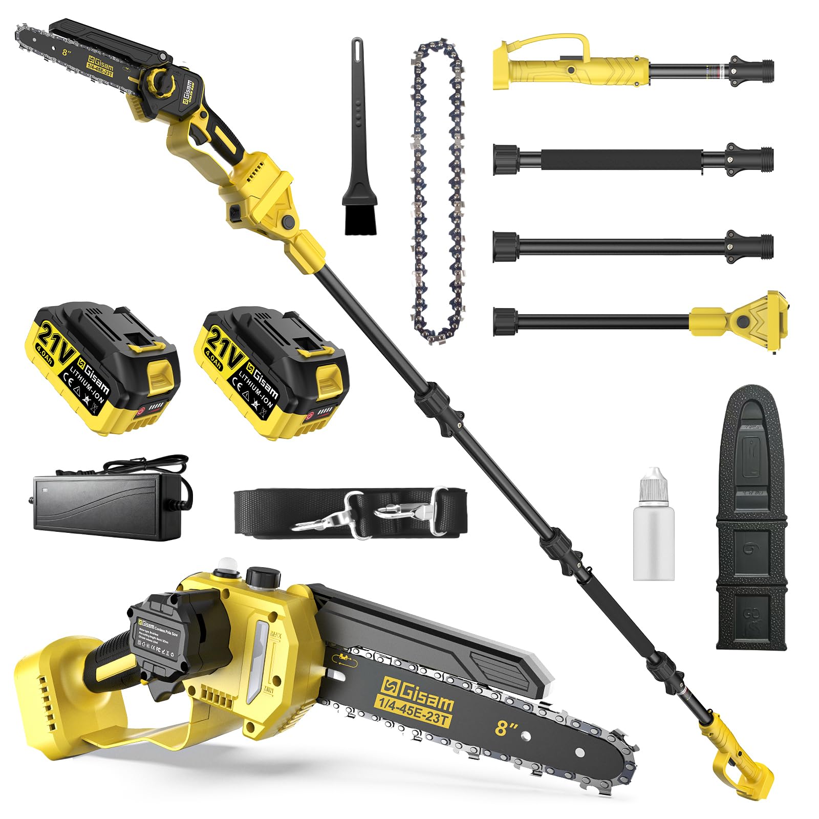 Mini Motosierra 2 En 1 Con PéRtiga TelescóPica,Motor Sin Escobillas De 2600w,Motosierra De 8 Pulgadas,Engrasador AutomáTico Y Tensor De Cadena Sin Herramientas Y 2 * 4000 Mah,Extensible Hasta 4,2m