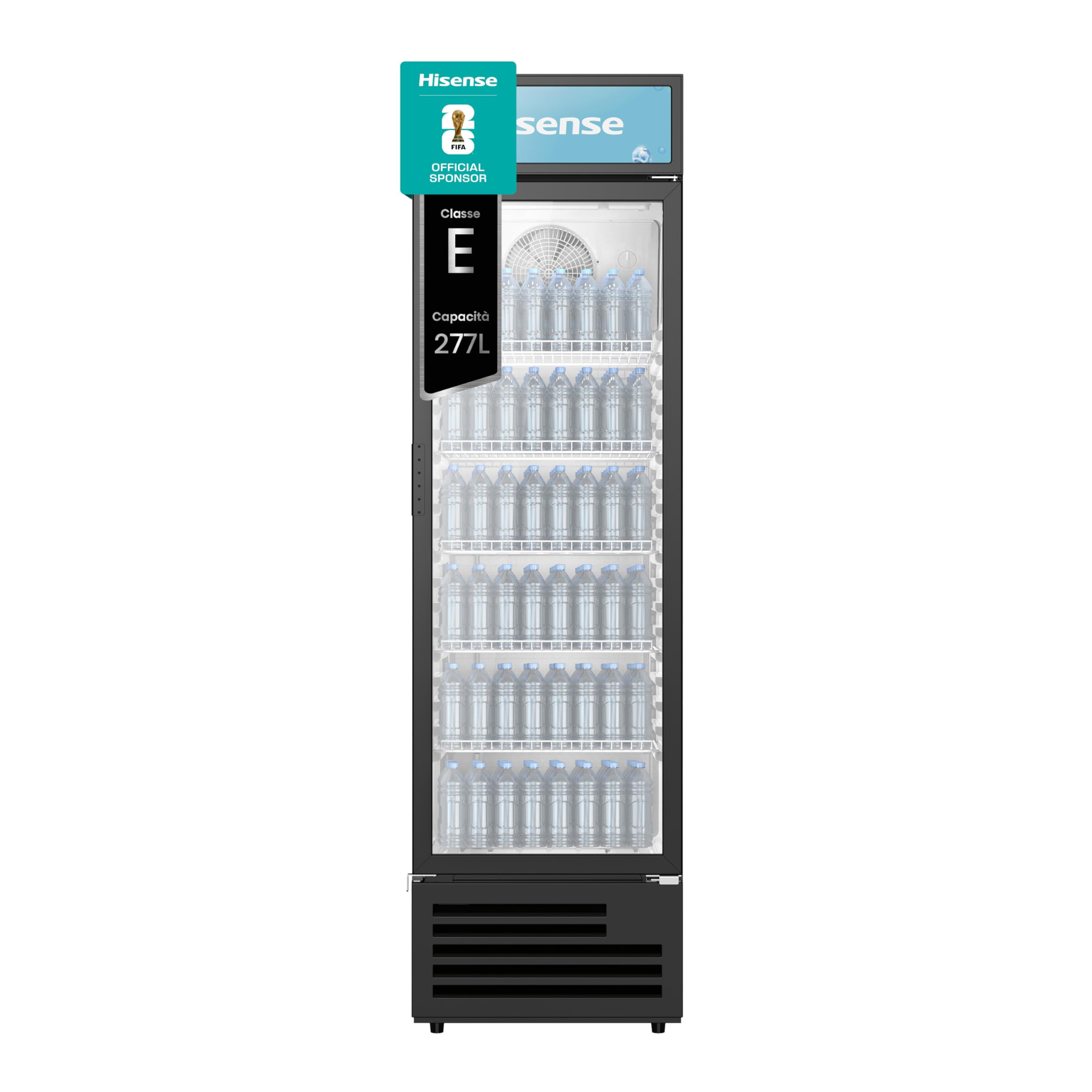 Hisense CPC271F7ABE Frigorifero commerciale bevande, 251 litri, Illuminazione interna LED, Display Personalizzabile, Ripiani Regolabili, Sistema di Autoevaporazione, Serratura, Classe E, Nero
