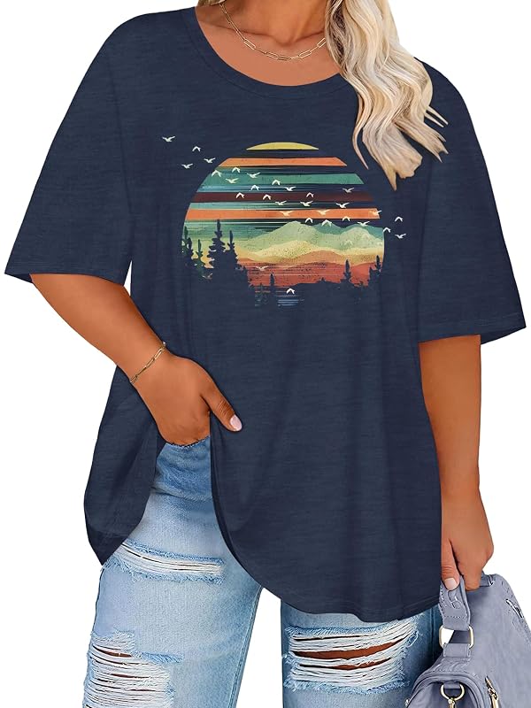 HDLTE Womens Plus Size Oversized Shirts Hike Mountain Graphic T Shirt Short Sleeve Round Neck Tee Casual Loose Holiday Tops by HDLTE - Used condition - US$12.96