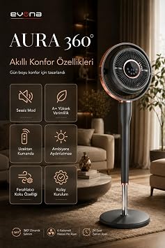 Aura 360, 6 Kademeli Hız Ayarlı Akıllı Vantilatör, 360 Derece Salınım | 80° Yatay Salınım, 180° Dikey Salınım, 6 Kademeli Hız