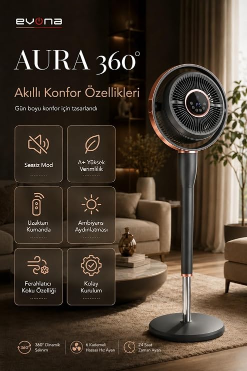 Aura 360, 6 Kademeli Hız Ayarlı Akıllı Vantilatör, 360 Derece Salınım | 80° Yatay Salınım, 180° Dikey Salınım, 6 Kademeli Hız