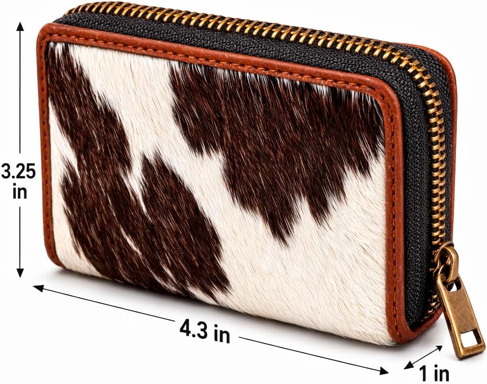 ESS Cowhide Leather Hair-On Wallet Women Small Zip Accordion Card Holder RFID Compact Organizer with Coin Pocket Secure Zipper Stylish Gift Pouch Minimal Everyday Carry