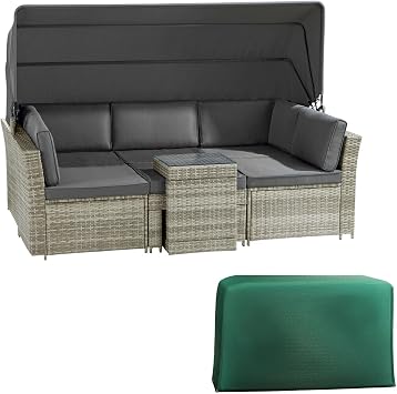 Garden Gear California Rattan Daybed 5 Piece, Outdoor Patio Furniture Set with Extendable Canopy, Cushions From Dark Grey Daybed + Cover