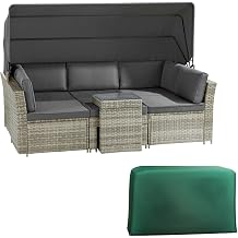 Garden Gear California Rattan Daybed 5 Piece, Outdoor Patio Furniture Set with Extendable Canopy, Cushions From Dark Grey Daybed + Cover