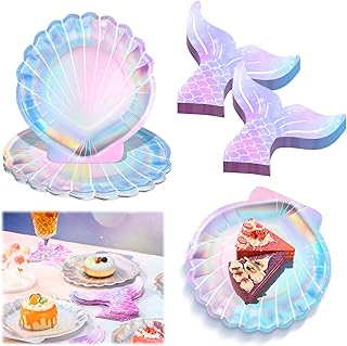 100 Pcs Mermaid Party Supplies Iridescent Mermaid Plates and Napkins Paper Seashell Plates Tail Napkins Party Decorations for Birthday Baby Shower