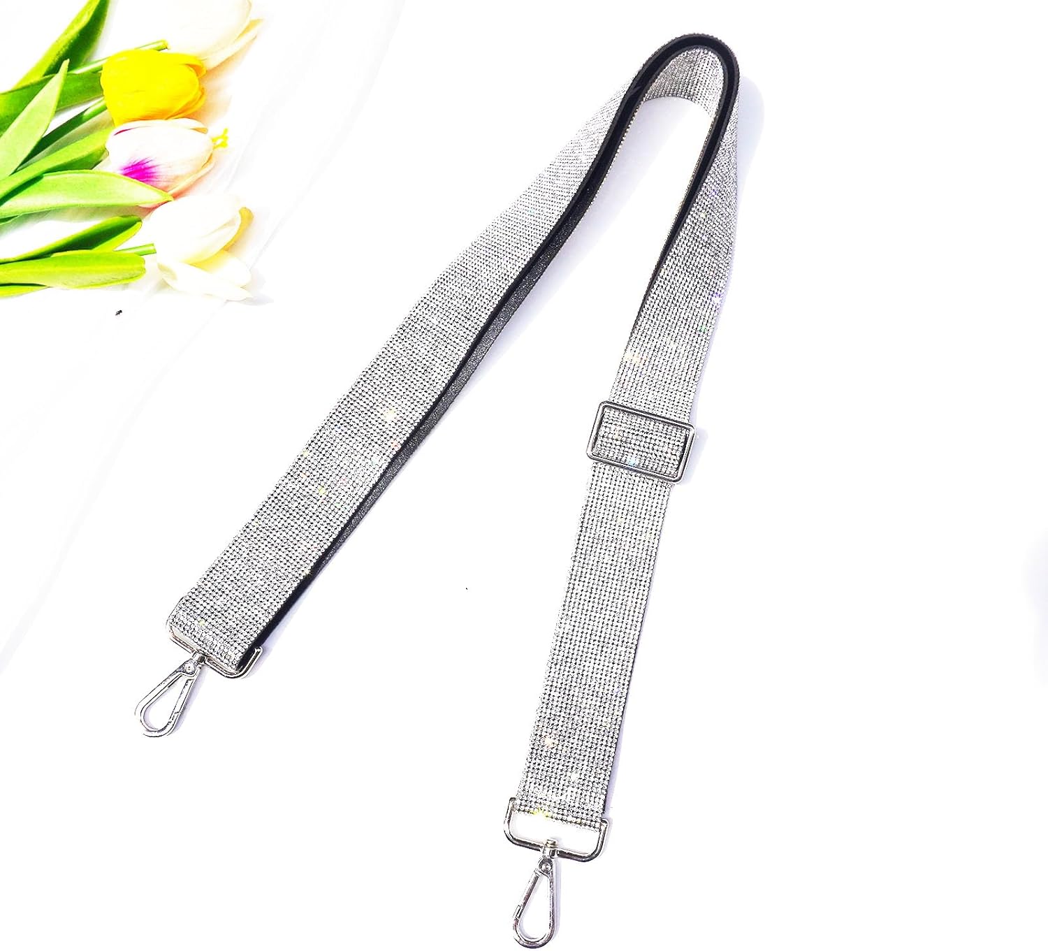 Rhinestone Purse Strap Wide Adjustable Bling Crystal Bag Crossbody Handbag Shoulder Straps Replacement for Guita Evening Wedding Party Silver White