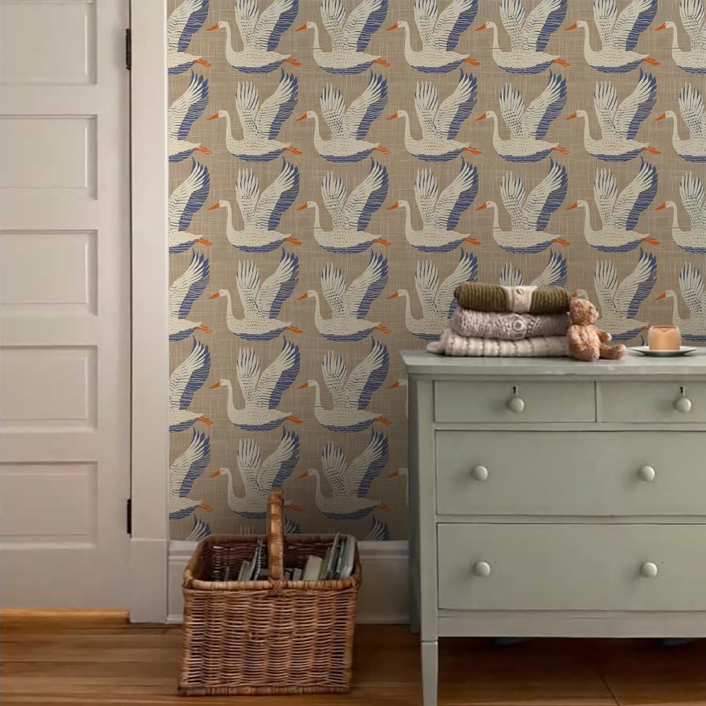 18"x236" Boho Vintage Beige Birds Peel and Stick Self Adhesive Wallpaper Removable Contact Paper Stick on Easy Peel Off Wall Paper for Kitchen Bedroom Bathroom Renter