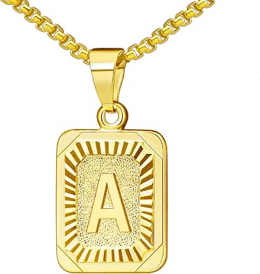 Cupimatch Initial Letter Pendant Chain Necklace, Stainless Steel 26 Alhpabets Square A To Z Letter Medallion 22 inch Link Necklace Jewelry Set for Mens