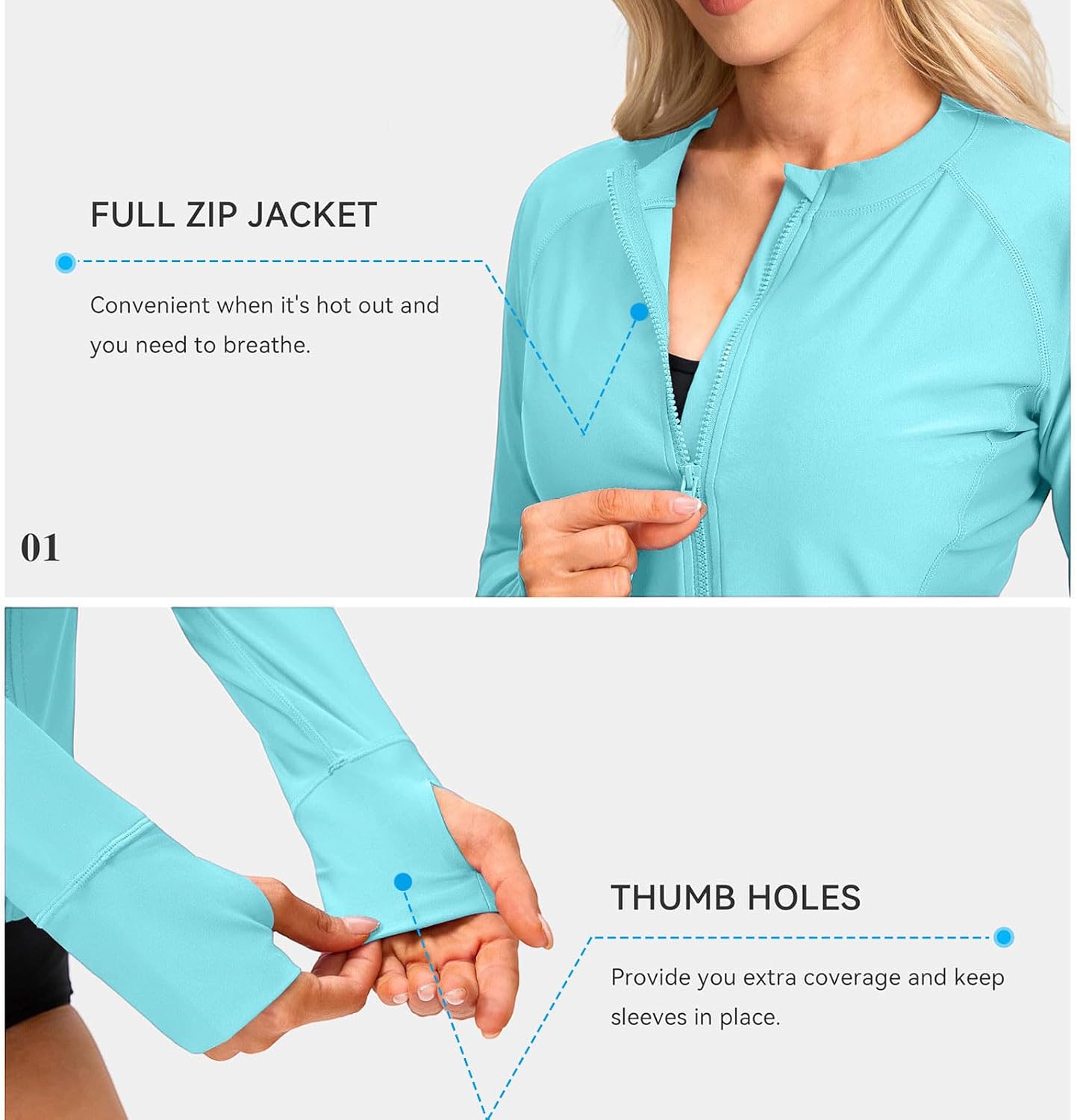 Womens UPF 50+ Sun Protection Hoodie Zip Up Long Sleeve Rash Guard UV Protection Hiking Quick Dry Swim Shirts
