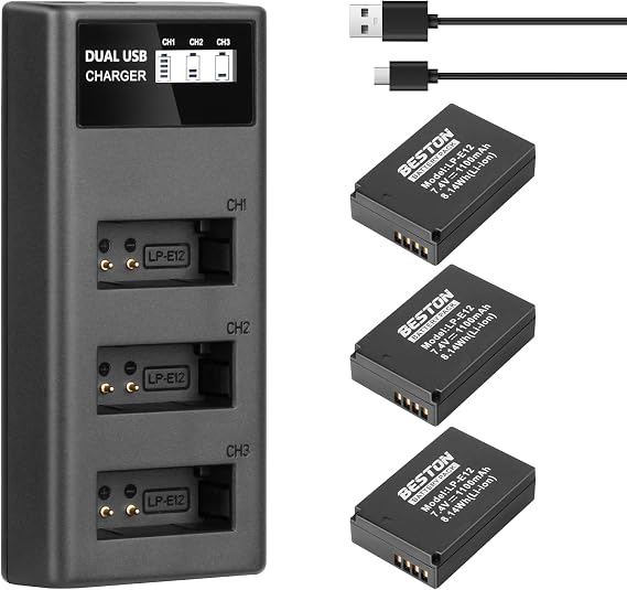 BESTON 3-Pack LP-E12 Battery Pack and Rapid USB Charger for Canon EOS M M2 M10, M50, M50 Mark II, M100 M200, Rebel SL1, PowerShot SX70 HS Cameras