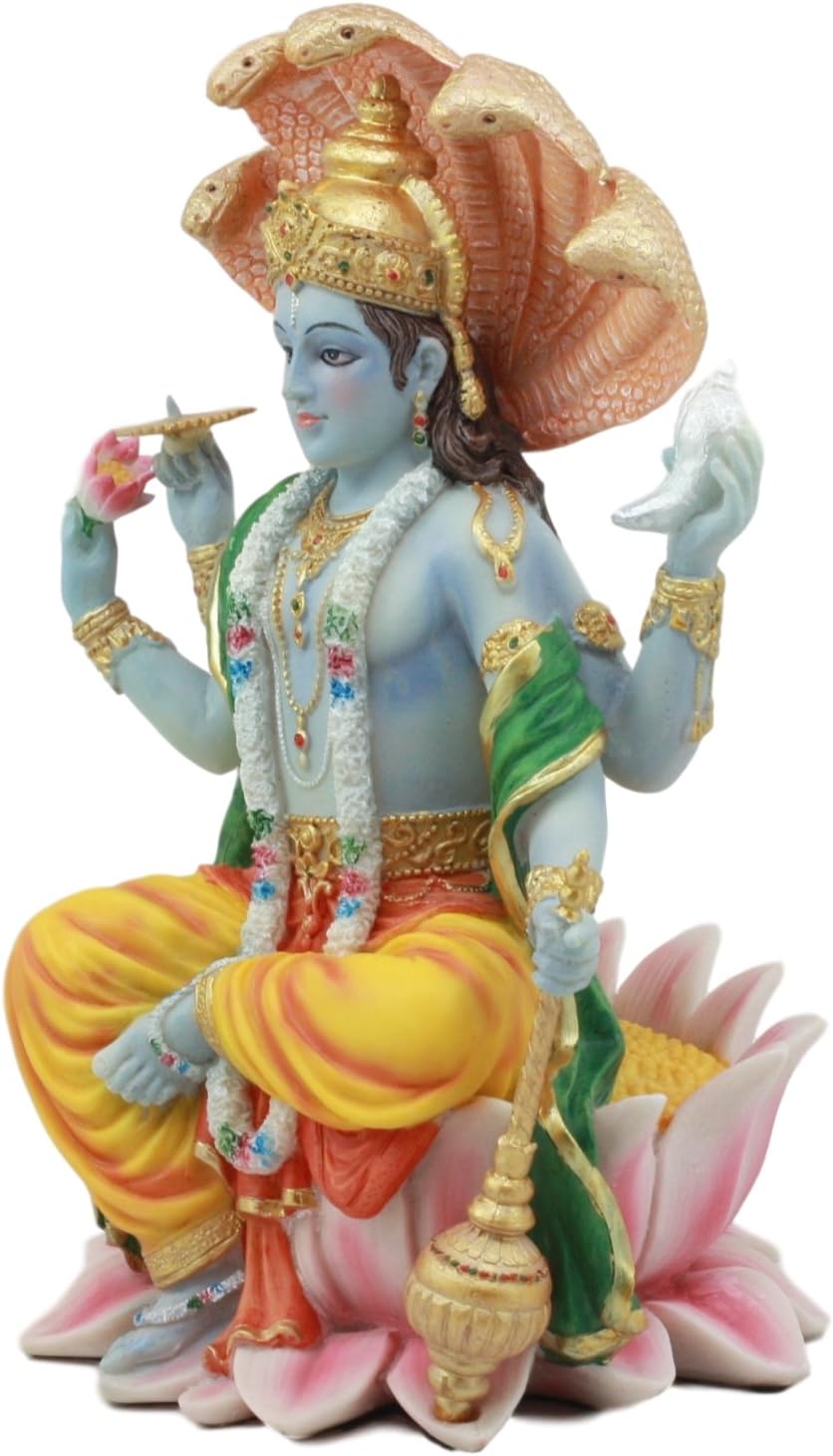 Ebros Gift Hindu God Vishnu Vasudeva Sitting On Throne of Cobras Statue Preserver and Protector Blue Avatar Figurine Eastern Enlightenment Hinduism Religion Sculpture