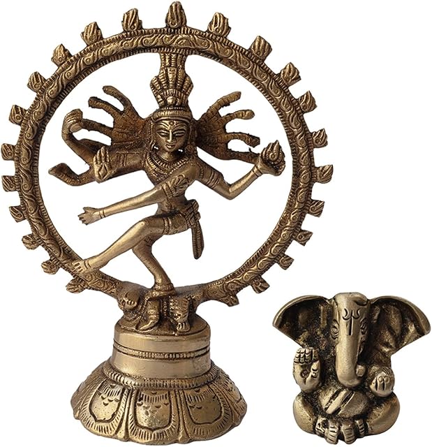 Brass Dancing Shiva Natraj God of Dance Statue Sculpture & Small Ganesha Gift
