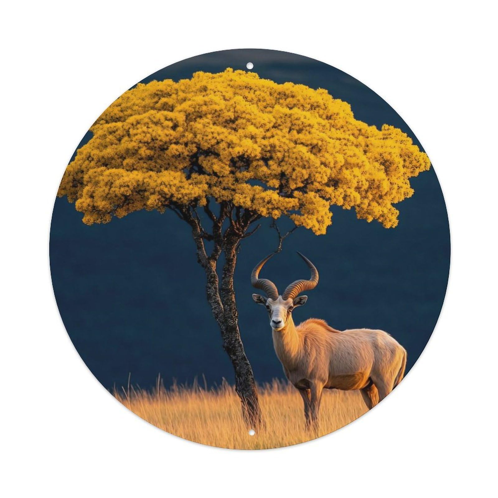 African Wildlife Gemsbok Acacia Tree Golden Grassland Sunlight Landscape Vintage Metal Tin Sign Plaque Wall Decor for Cafe, Club Bar, Office, Garden Metal Poster 8x8Inch