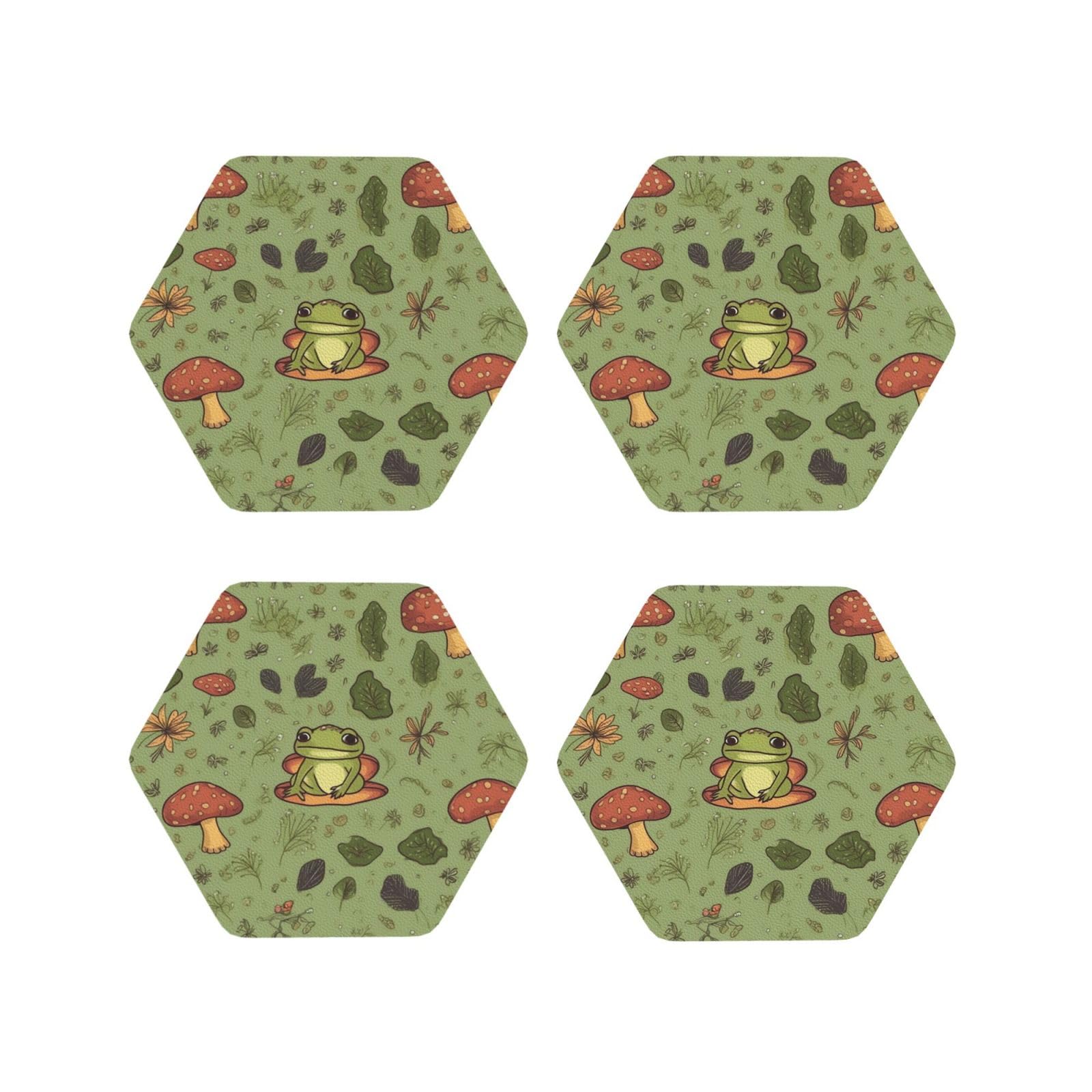 4pcs Drink Coasters for Tabletop Protection, 4" Leather Coasters for Drinks, Frogs and Mushrooms Cup Coasters for Coffee Table Decor, Non-Slip Drinking Cup Mat for Hot Or Cold Drink