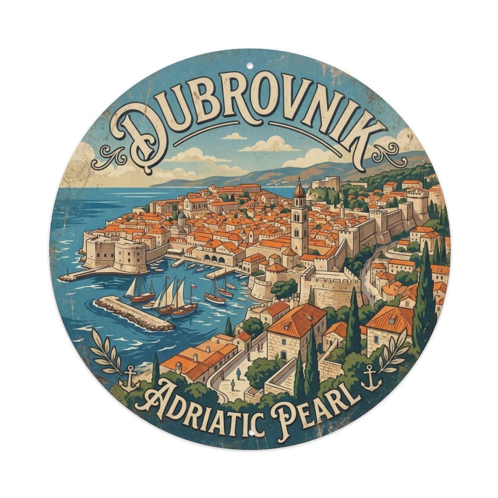 Vintage Travel Dubrovnik Walled City Metal Tin Sign Plaque Wall Decor for Cafe, Club Bar, Office, Home Garden Round Metal Poster 8x8Inch