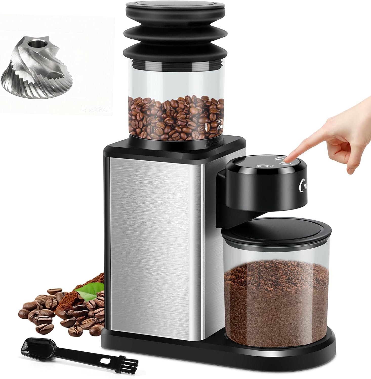 Electric Burr Coffee Grinder: Conical Coffee Bean Grinder Compact with 25 Precision Settings and Timer – Upgraded Anti-Static One-Touch Automatic Smart Grind for Home Use/Office/Cafes