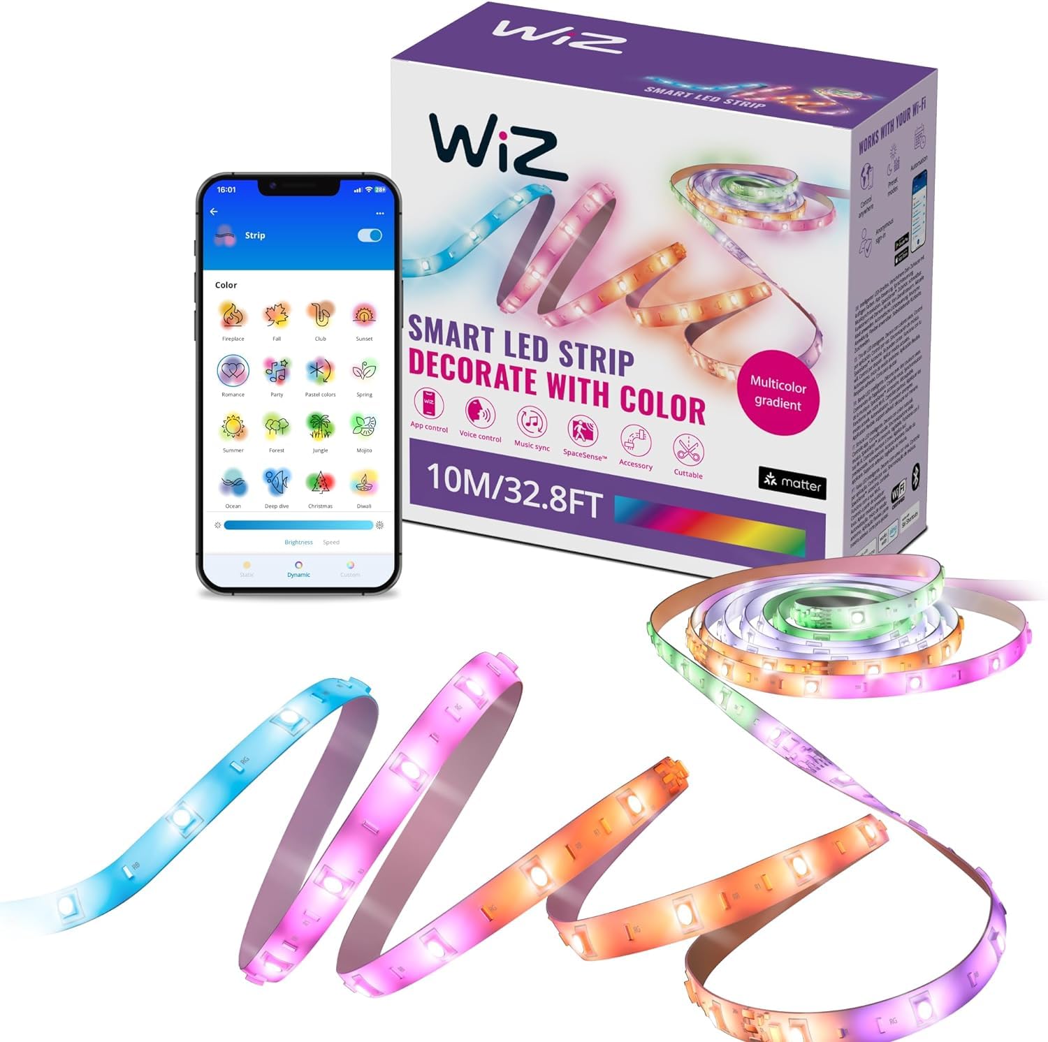 WiZ, Ruban LED Connecté, 10 Mètres, 16 millions de couleurs et nuances de blanc, avec détecteur de mouvement, Contrôle possible par la Voix, App, Alexa, Google Assistant et Apple HomeKit