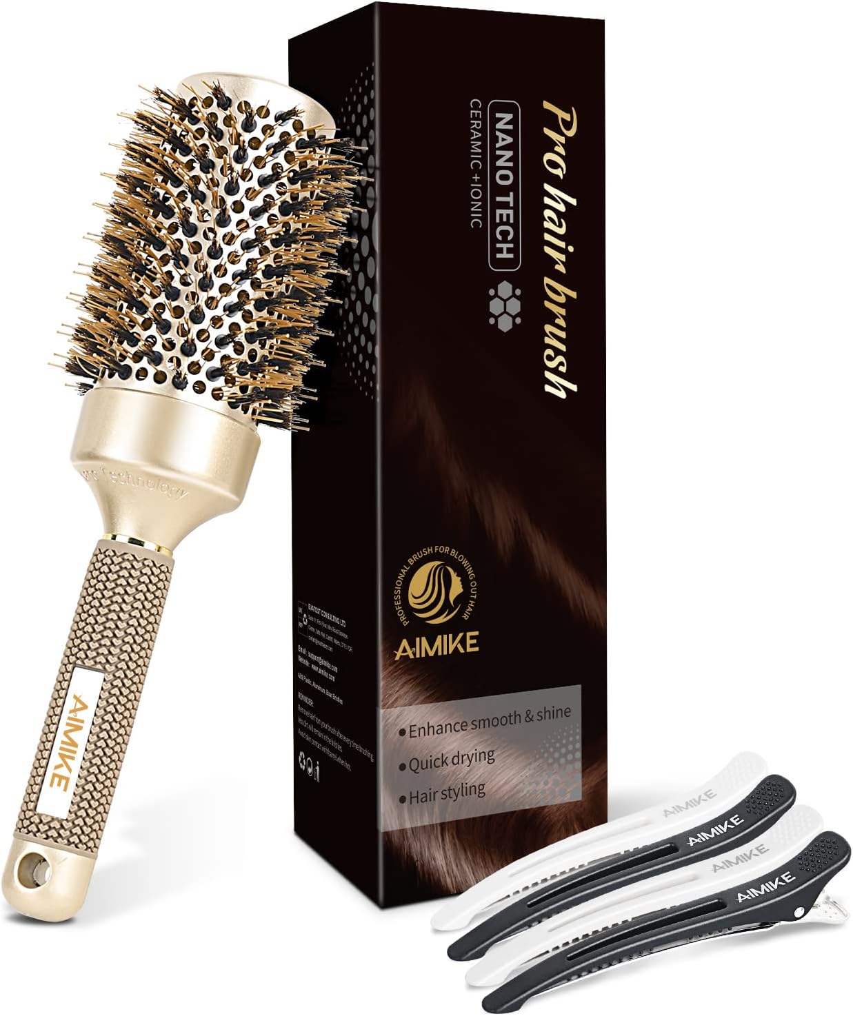 AIMIKE Round Brush for Blow Drying, Nano Thermal Ceramic Ionic Large Round Hair Brush w/Shine-enhancing Boar Bristles, Hair Roller Brush for Easy Styling, Curling, Voluminous Blowout, Barrel 2 inch