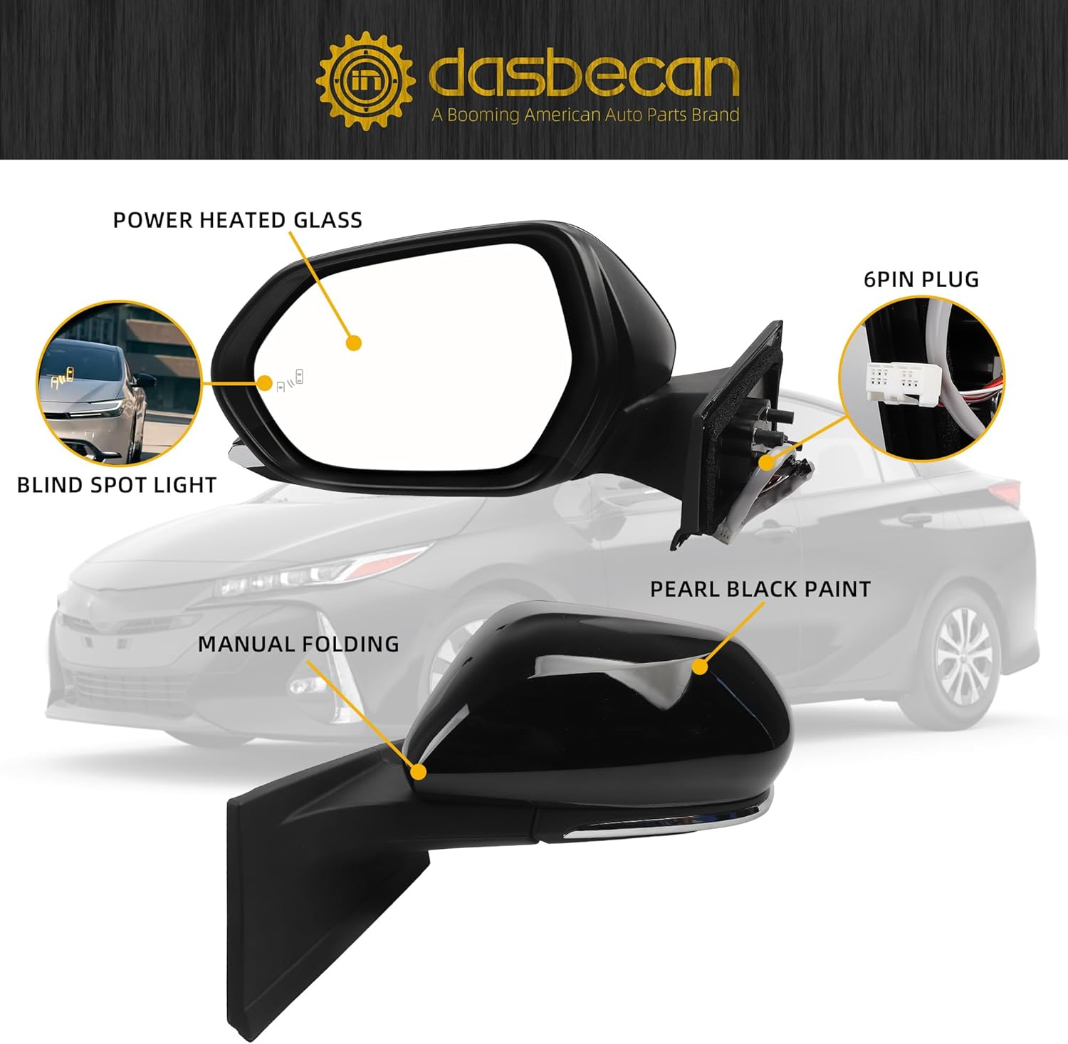 Dasbecan Left Driver Side Mirror Compatible with 2016-2022 Toyota Prius with Power Heated Glass, Manual Folding, Blind Spot Light, Black Paint Replace# TO1320357 (6Pins)
