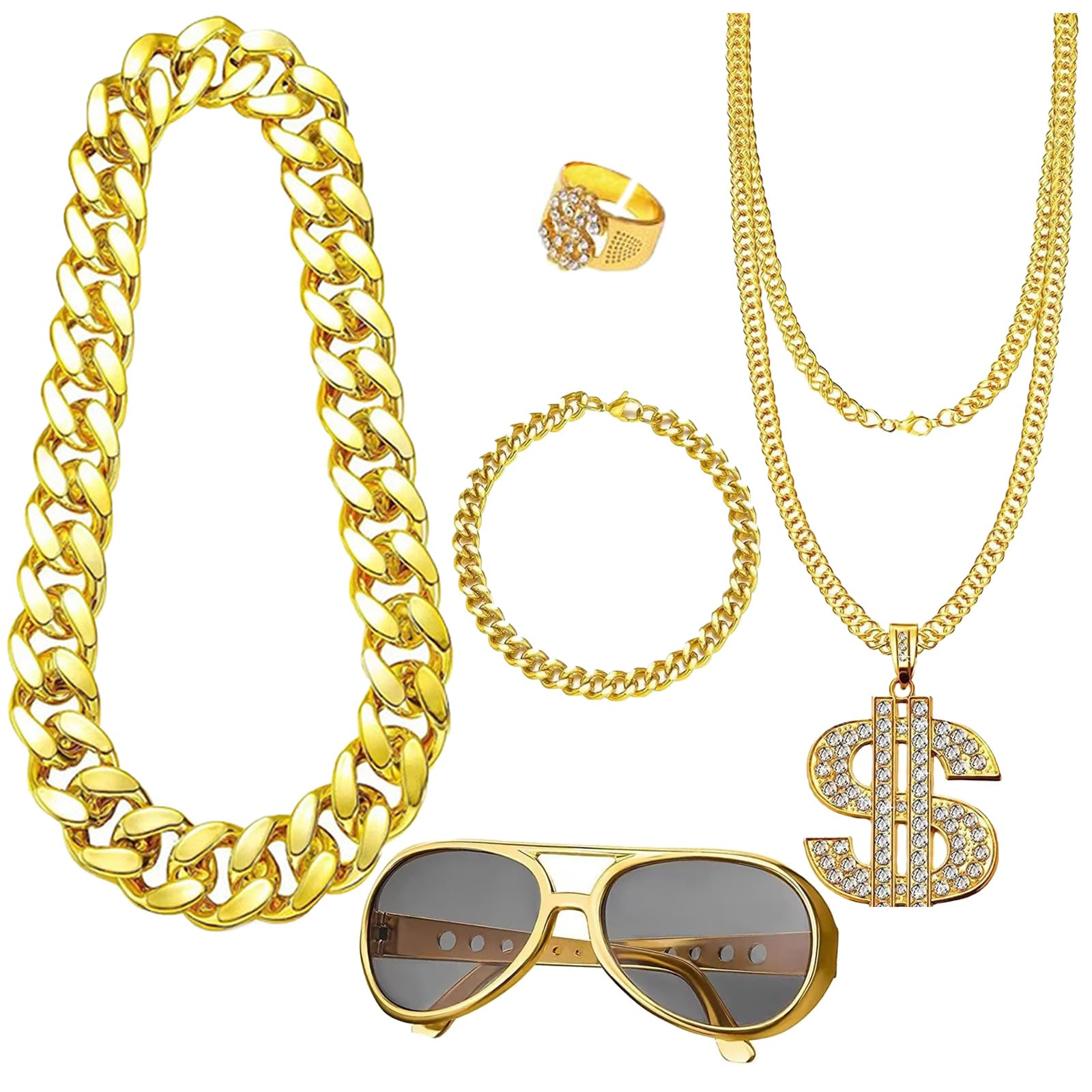 5 PCS Hip Hop Costume Set, 80s 90s Fancy Dress Rapper Hip Hop Jewelry  Accessories, Fake Gold Chain, Dollar Sign Necklace Ring, Hip Hop Sunglasses  for Rapper DiscoHippie Party Men Women - BigaMart