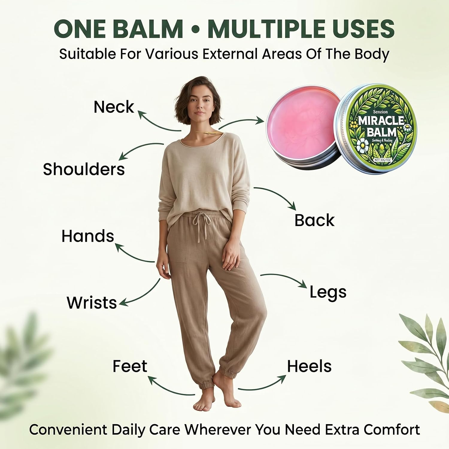Senzion Miracle Balm, Natural Herbal Balm for Back, Hands, Feet and Body, Daily Comfort for Tired Legs, Foot & Heel Comfort, Nerve Support, Leg Appearance Care with Traditional Asian Botanicals (3Pc)