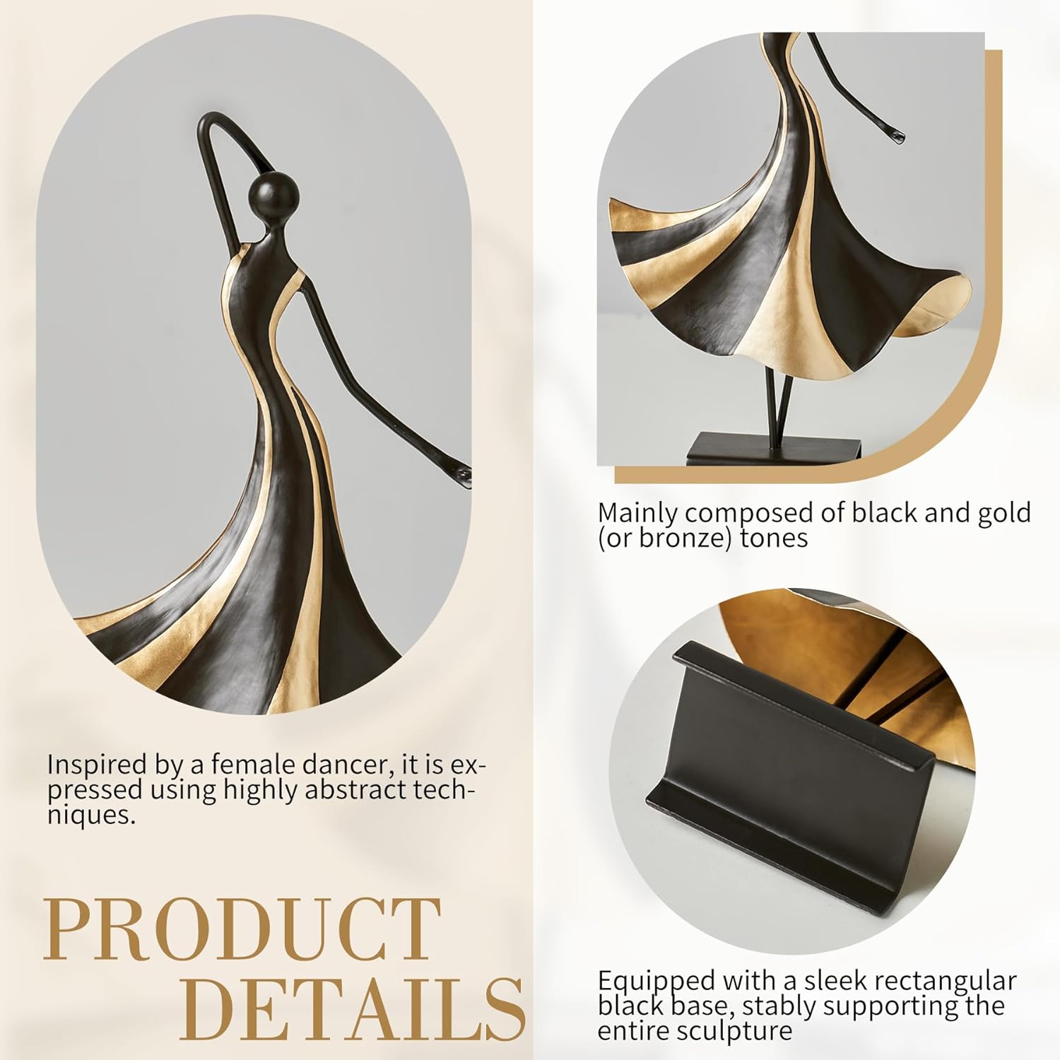Abstract Metal Dancer Sculpture, Modern Black and Gold Figurine with Base, Elegant Artistic Home Decor Accent for Living Room, Shelf, Table, Office