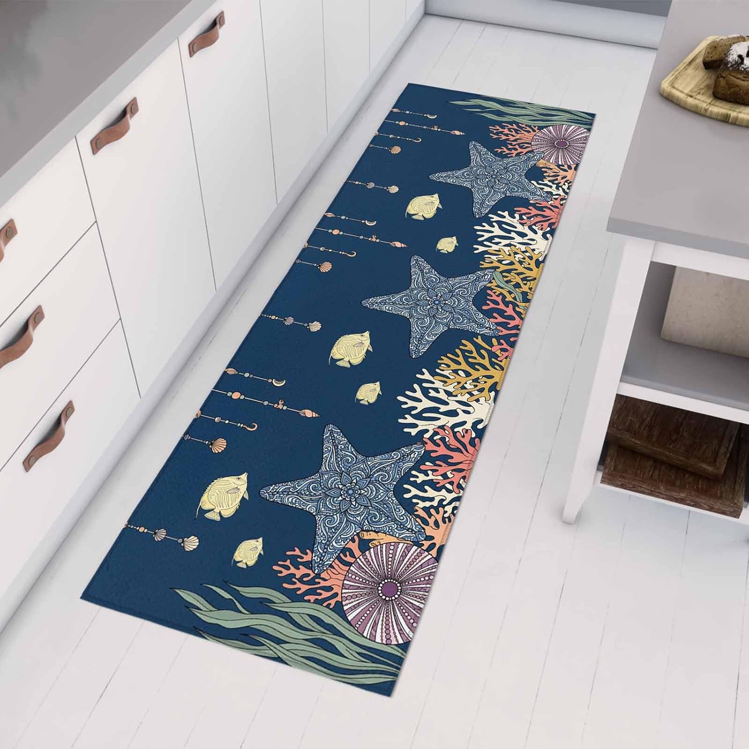 Teamery Kitchen Mats for Floor Ocean Starfish Coral Fish Washable Non Slip Kitchen Rugs 1PCS, Underwater Creature on Navy Blue Absorbent Standing Mats for Sink Bathroom Office Living Room 15.7x47.2in