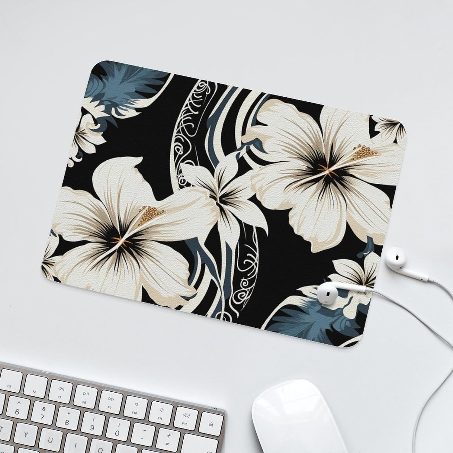 Black and White Hawaiian Flowers Mouse Pad Rectangle Premium-Textured Waterproof Leather Computer Mousepad, Stitched Edges Gaming Mouse Mat for Laptop, Home Office Decor Desk Accessories image 4