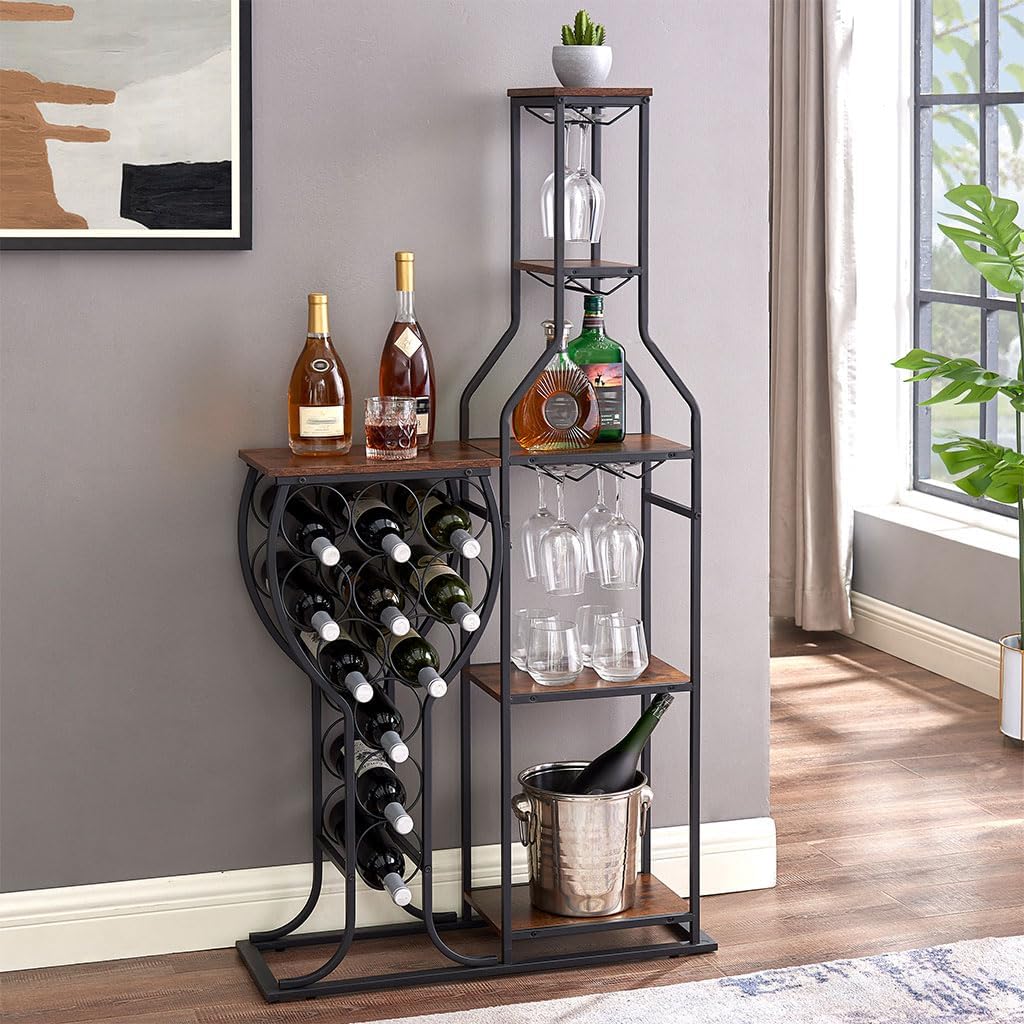 Wine Rack Table, Freestanding Modern Wine Bar Cabinet with Hanging Wine Glass Holder and Storage Shelves Wood and Metal Liquor Cabinet Wine Storage Stand for Home Kitchen Dining Room