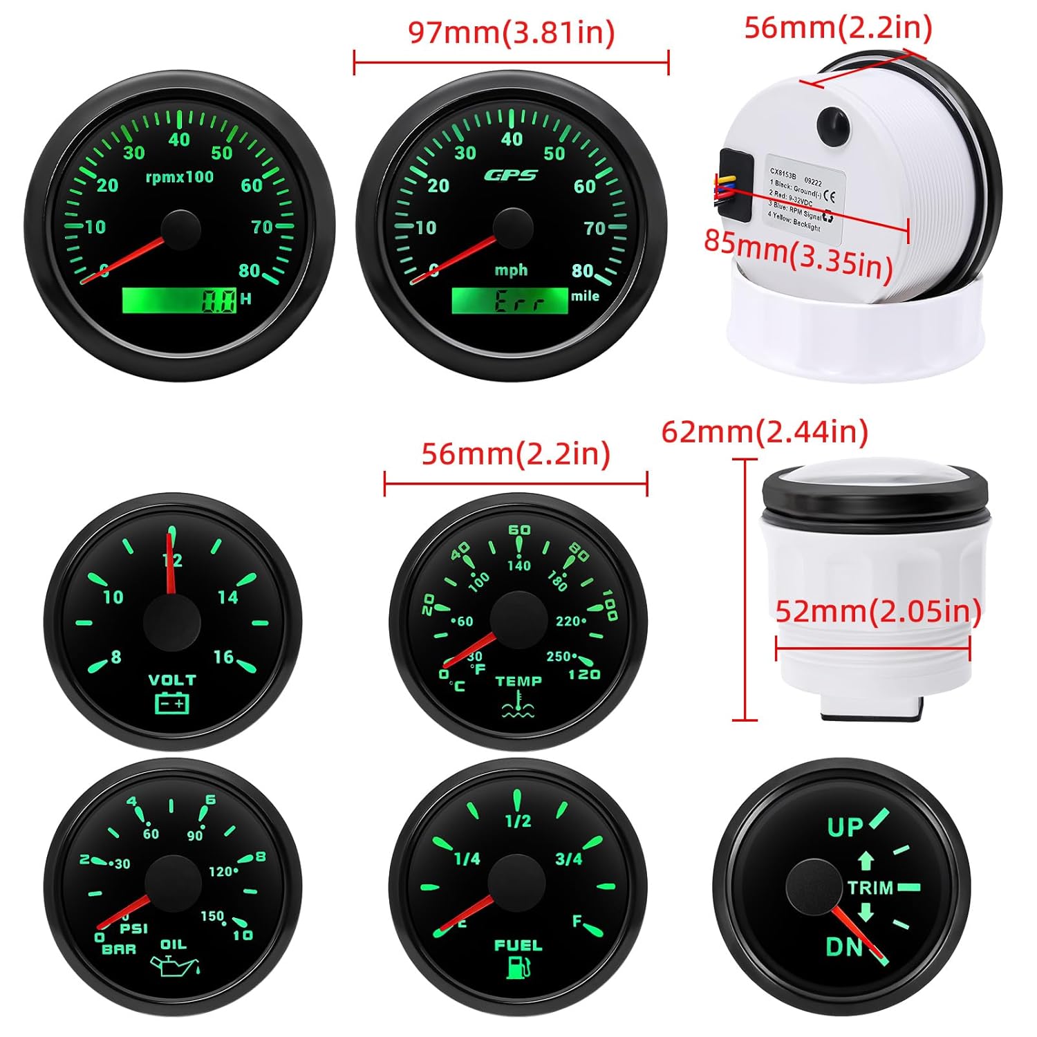 ARTILAURA 7 Gauge Set 3-3/8" 85mm GPS Speedometer, Tachometer, 2-1/16" Fuel Level, Water Temperature, Oil Pressure, Volt, Trim 7 Color Marine Boat Gauges Kit (Black)