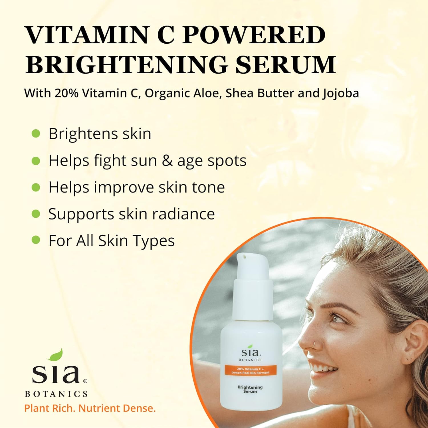 Sia Botanics Brightening Face Serum (30ml/1oz Porceline Bottle) | Facial Treatment w/Vitamin C, Lemon Peel Bio Ferment, Aloe Vera | Natural, Clean, Botanical Skincare for Women - Image 3