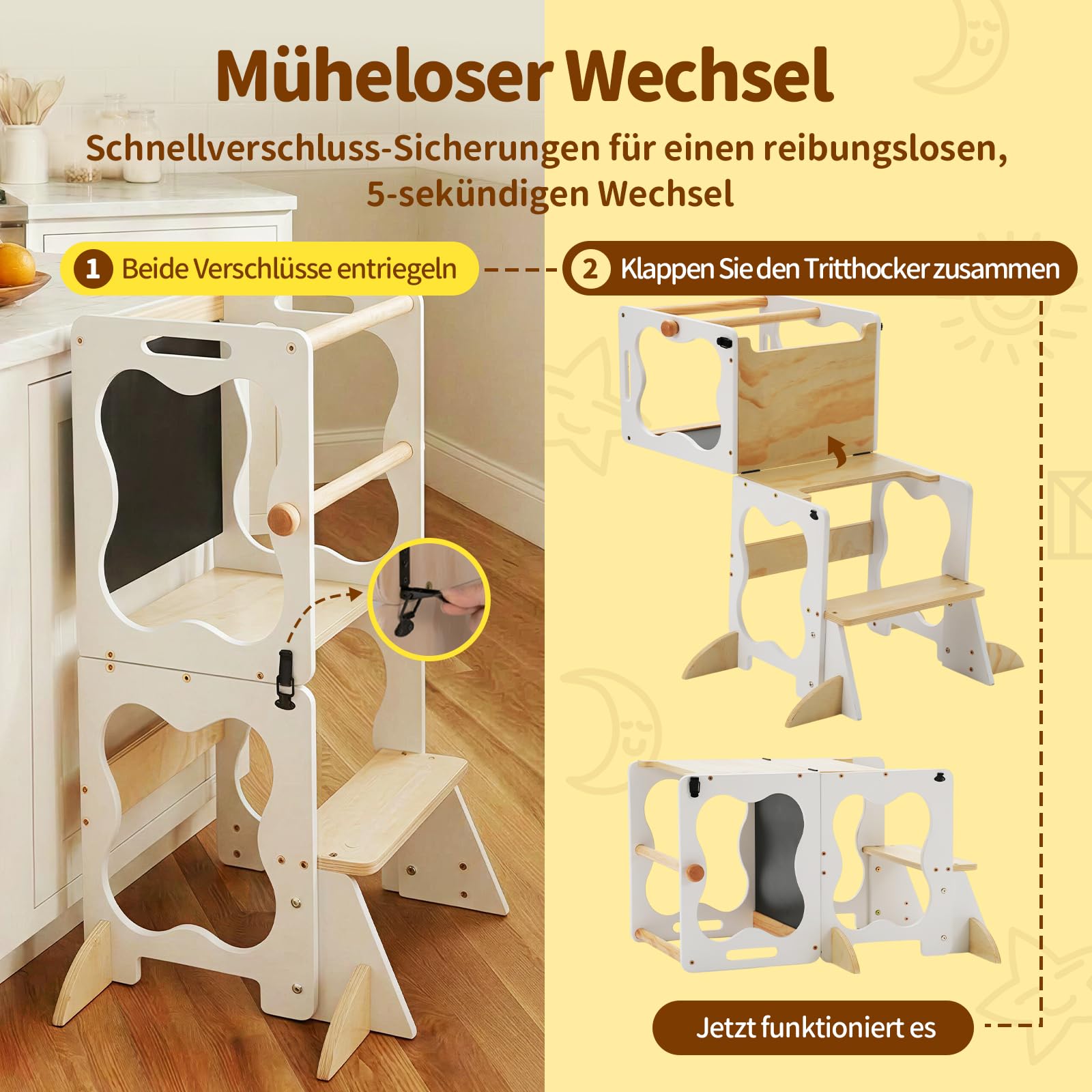 COSYLAND Lernturm Kinder 3in1 Küchenhelfer mit Tafel & Geländer Weiß | Wandelbar zu Tisch & Stuhl, ideal für Küche und Alltag. Stabil, sicher, pflegeleicht und perfekt für Ihr Kind.
