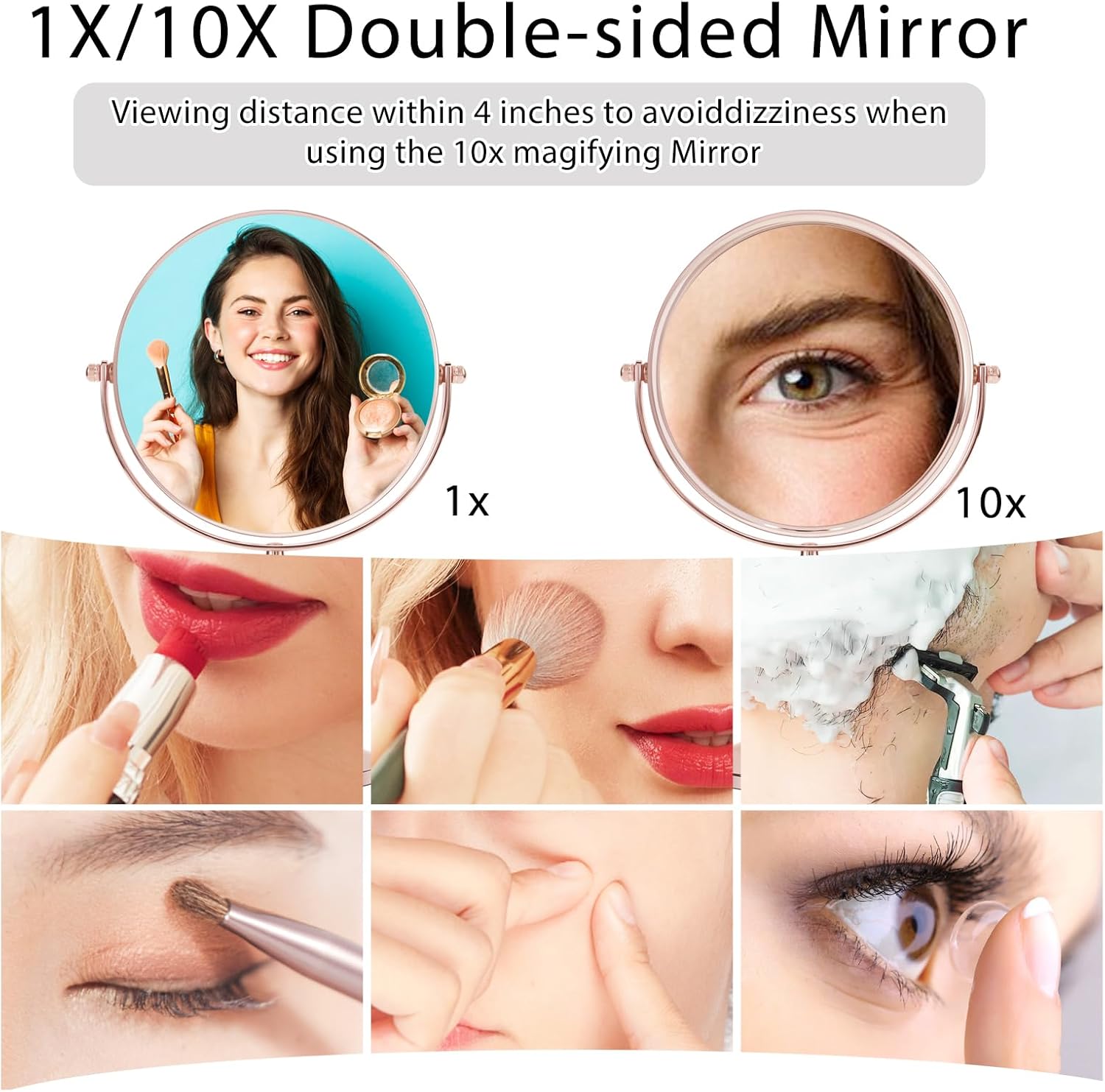 7"Rose Gold Glitter Diamond Rhinestone Makeup Mirror,360°Rotate Round Tabletop Vanity Mirror Double Sided 1X/10X HD Undistorted Magnifying Mirror,Portable Vanity Women Gift (No Lamp Rose Gold)