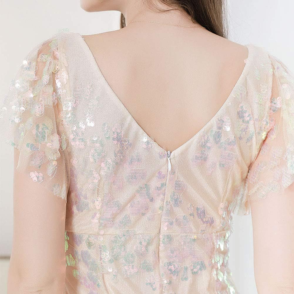 ROYAL SMEELA Sequin Dresses for Women Mini Cocktail Dress Ruffle Sleeve V Neck Glitter Party Dresses for Women Evening - Image 2