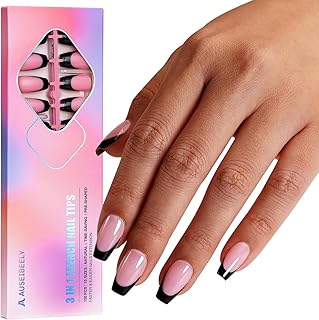 150PCS French Gel Nail Tips, Short Almond Press on Nails, Elegant Tip Press on Nails with Pre-applied Tip, 15 Sizes of Nail Art DIY, Pinkish Black Color