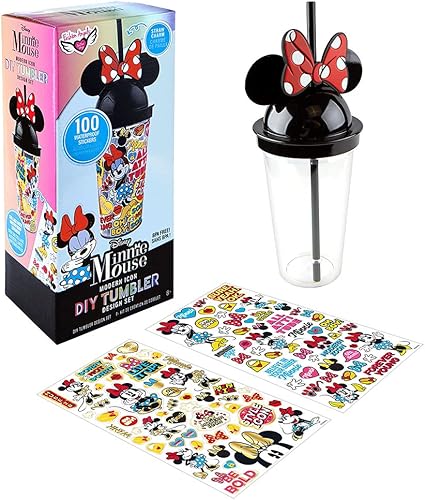 Fashion Angels Disney Minnie Mouse - Juego de diseño de vaso de bricolaje – 100 calcomanías de vinilo impermeables, tapa de orejas de Minnie Mouse,