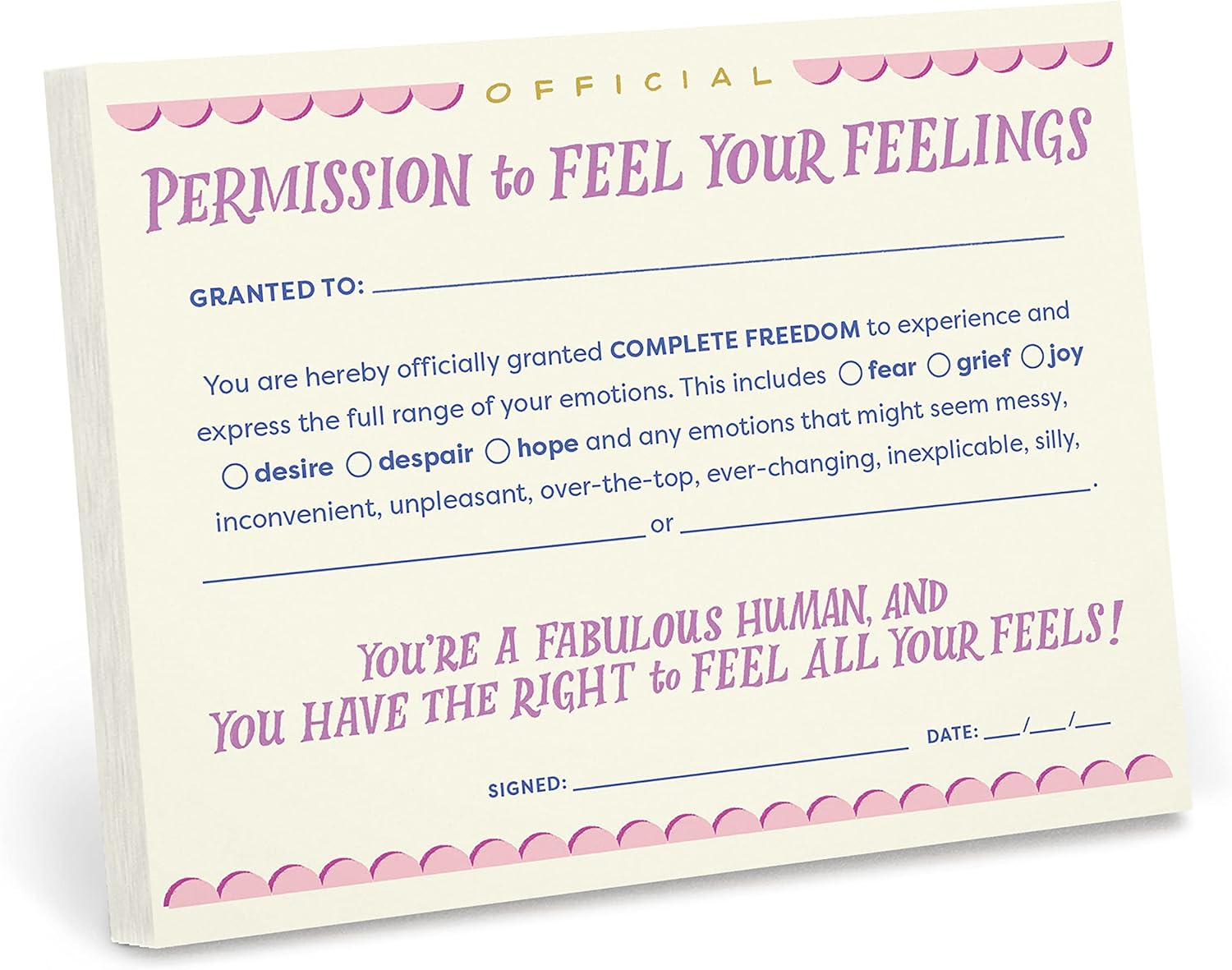 Em & Friends Permission Slip Pad, Adult Permission to Feel Your Feelings Certificate Note Pad, 6.5 x 5-inches