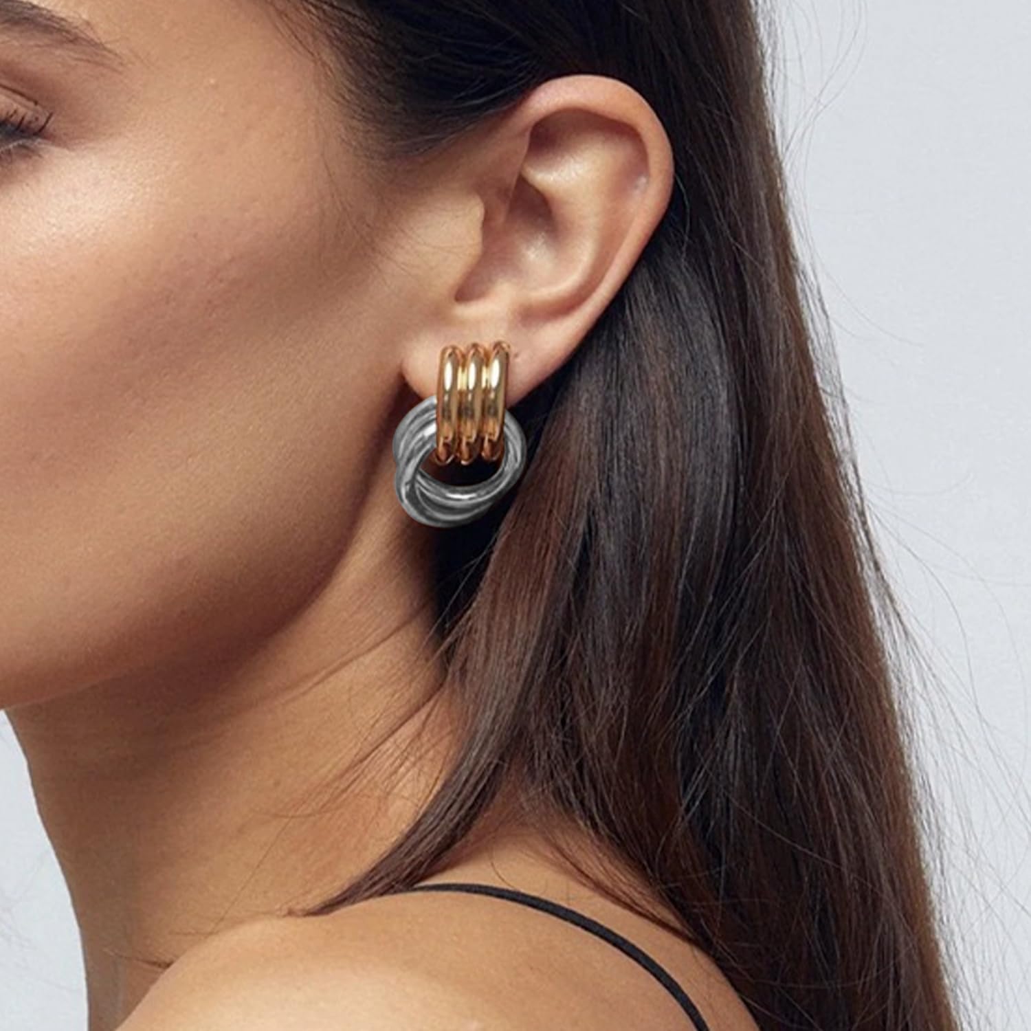 Gold and Silver Two Tone Knot Earrings for Women Gold Statement Earrings Elegant Chunky Double Hoop Earrings Mixed Metal Fashion Dangle Geometric Drop Earrings - Image 6